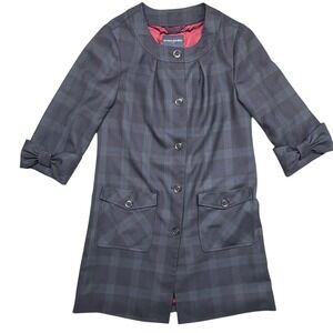 VTG Banana Republic Navy Black Plaid Wool Blend Bow Cuff Coat Women's Small